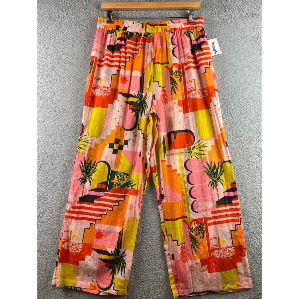 New Haute Hippie Tropical Print Drawstring Pants Pink Orange Yellow Palm Tree XL - Picture 2 of 13